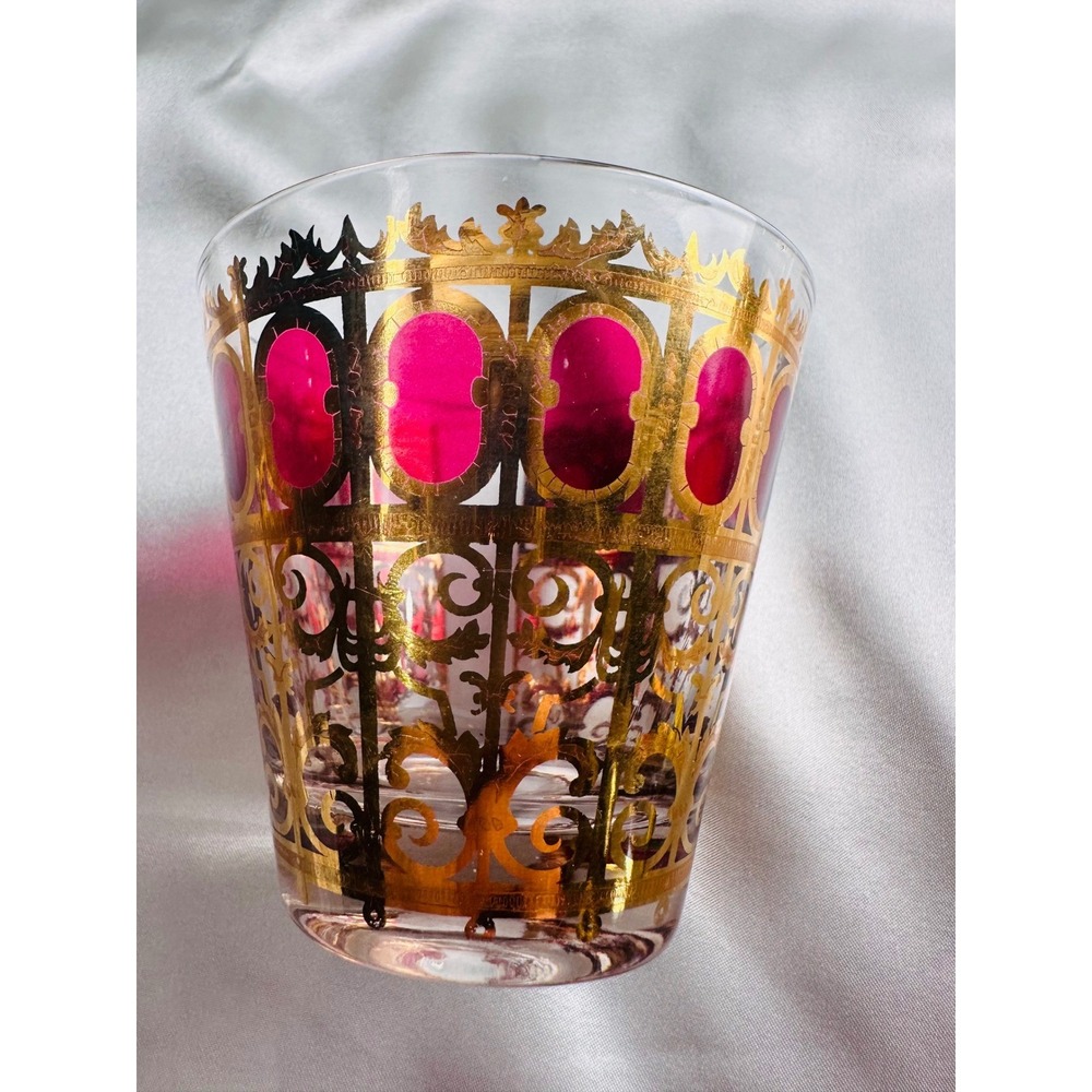 Culver Cranberry Scroll 22KT Gold Flared Rocks Whiskey Lowball Glasses 4 MCM - Picture 10 of 13